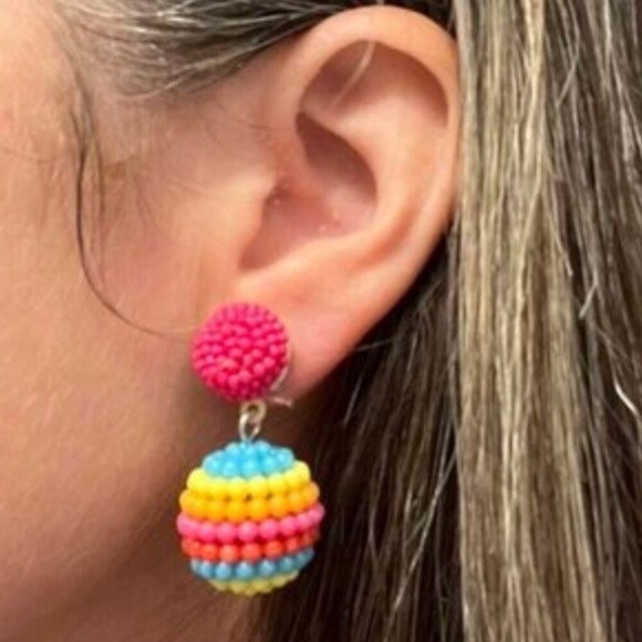 Seed Beaded Ball Drop Earrings - yellow/pink/yellowcolor combo - Picture 5 of 5